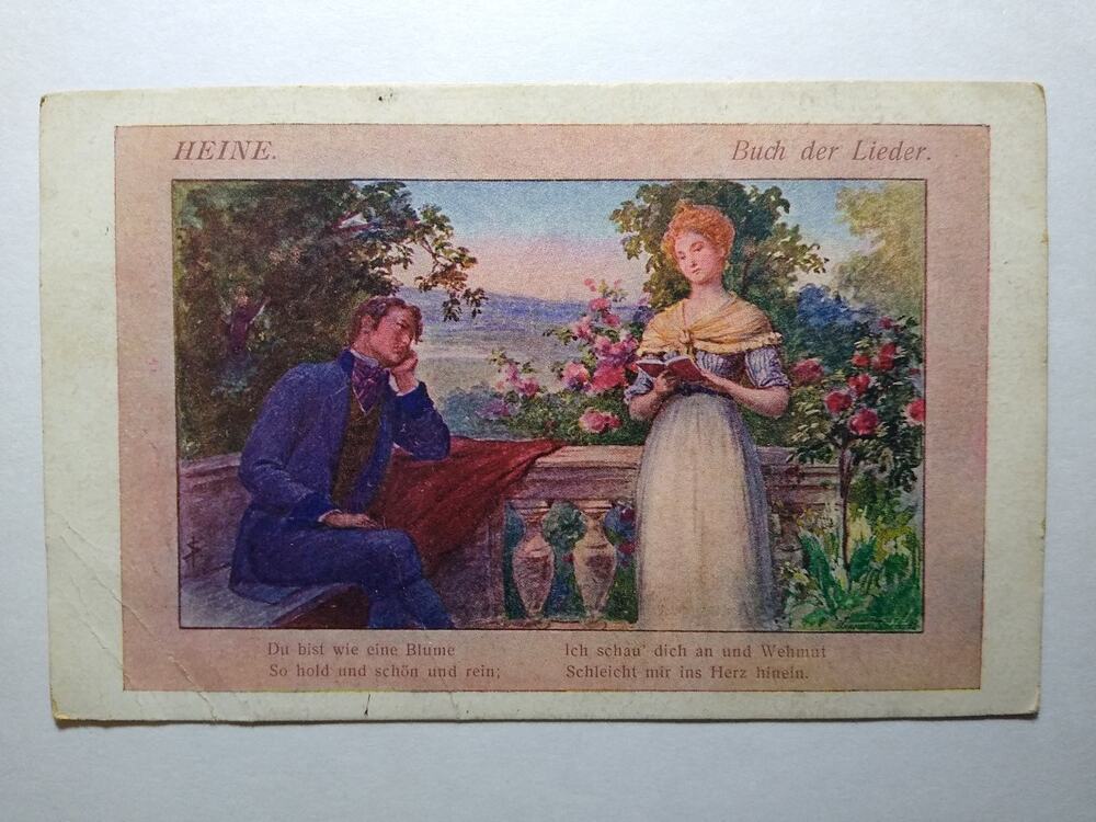 HEINE Buch der Lieder Antique Postcard Romantic Garden Scene Poem Art Nouveau
